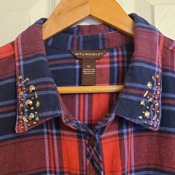 BIT & BRIDLE Red Navy Plaid Embellished Collar Long Sleeve Flannel Shirt Size XL - Picture 3 of 10